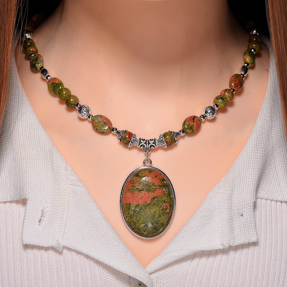 Unakite 300.00 ctw Beaded Necklace in Silverstone 20 Inches image number 1