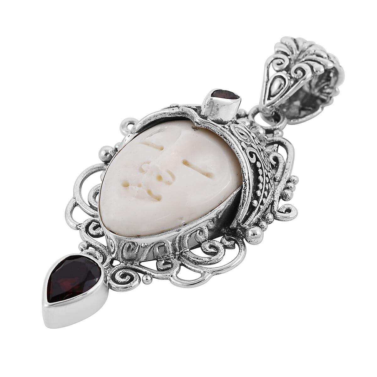 Bali Goddess Carved Bone and Mozambique Garnet Pendant in Sterling Silver 10.30 Grams 1.10 ctw image number 2