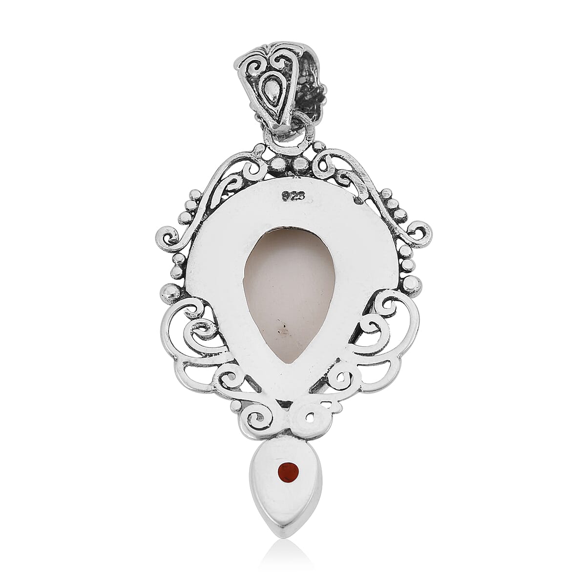 Bali Goddess Carved Bone and Mozambique Garnet Pendant in Sterling Silver 10.30 Grams 1.10 ctw image number 3
