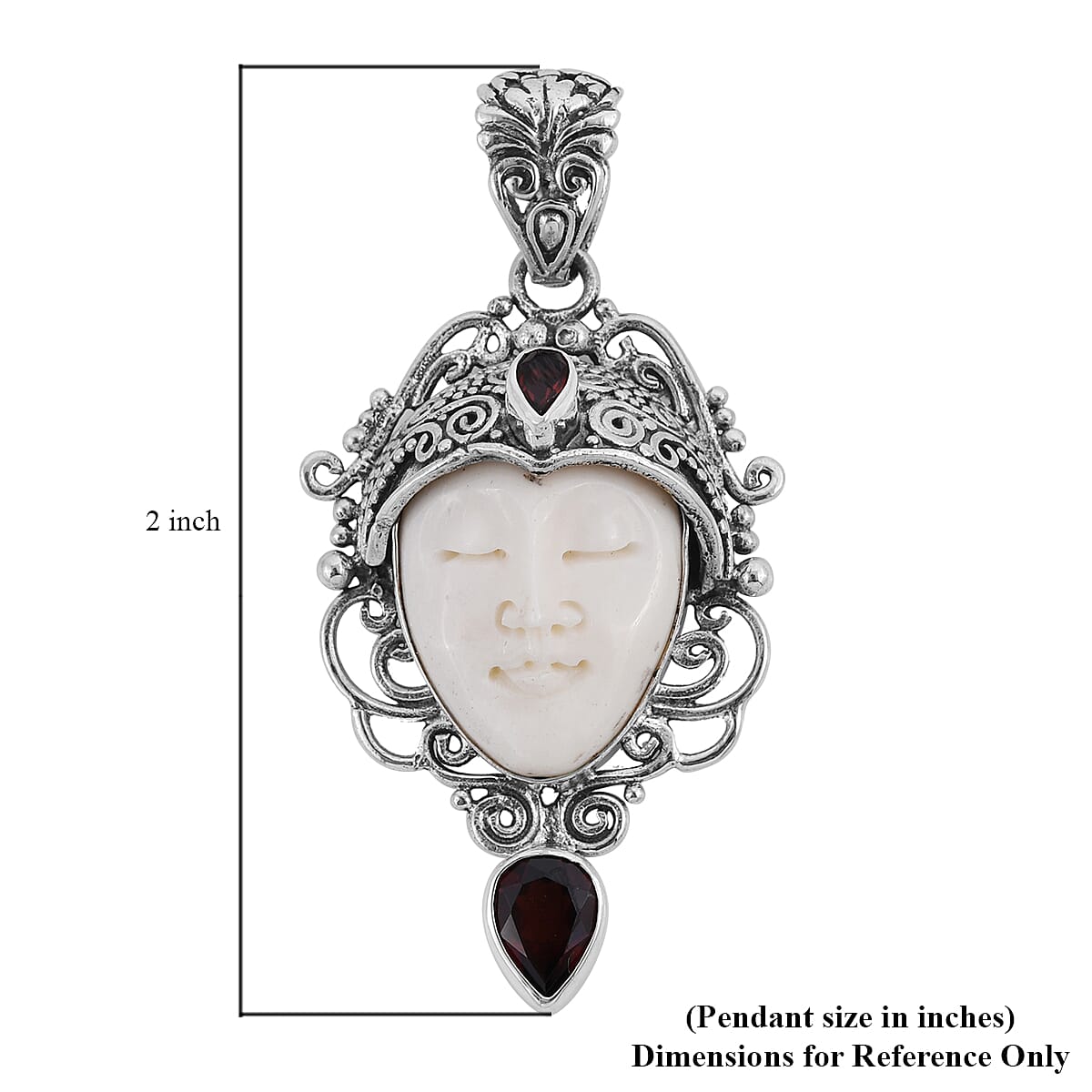Bali Goddess Carved Bone and Mozambique Garnet Pendant in Sterling Silver 10.30 Grams 1.10 ctw image number 4