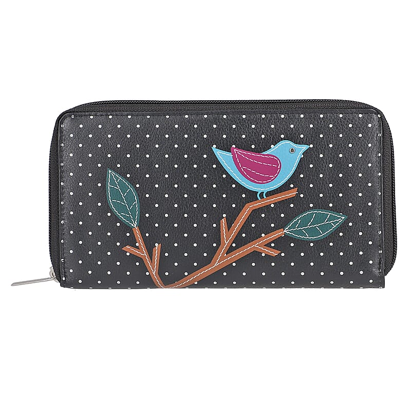 Union Code Black Color Bird Sitting on Tree Pattern RFID Protected 100% Genuine Leather Applique Women's Wallet