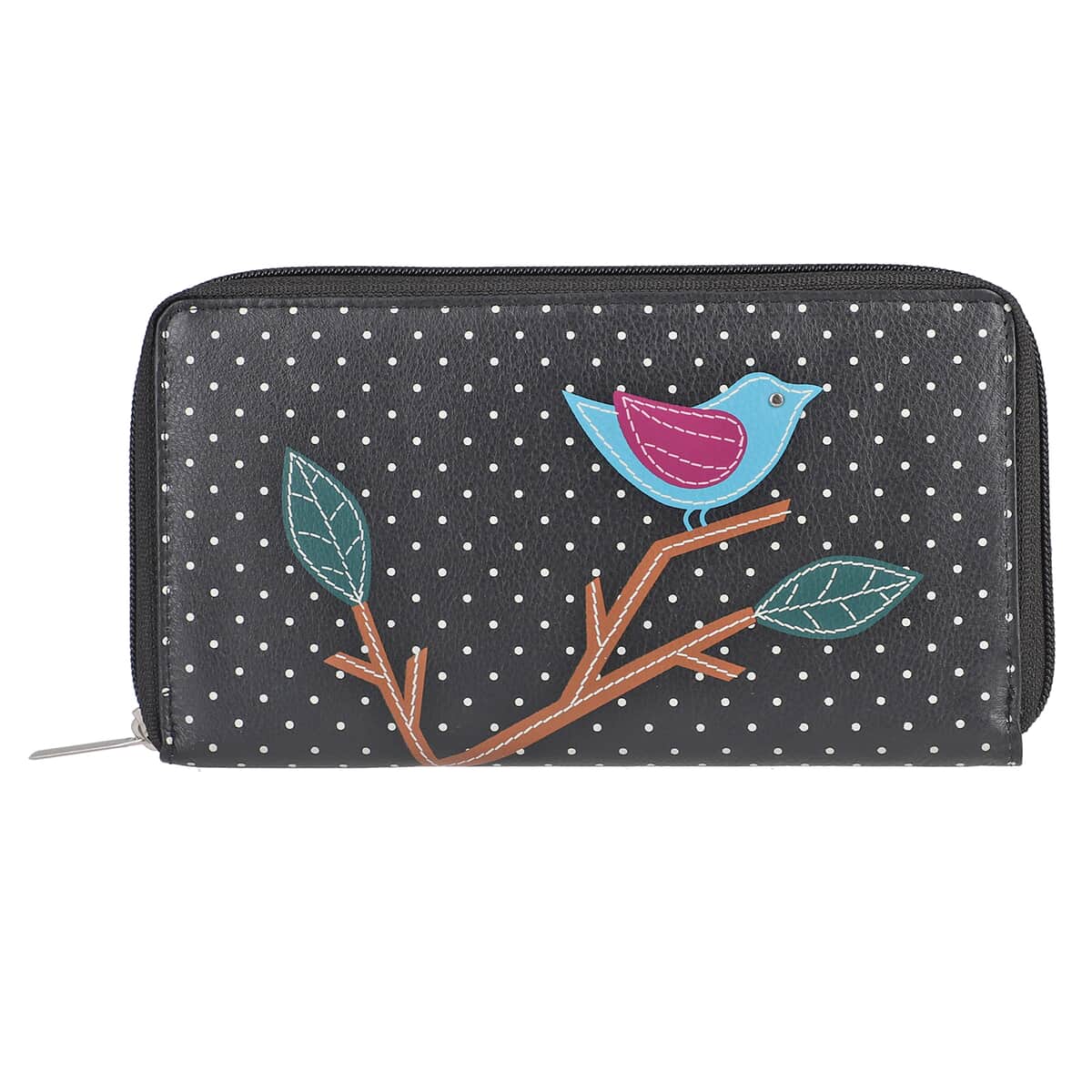 "UNION CODE -RFID Protected 100% Genuine Leather Applique Women's Wallet  THEME: Bird Sitting on Tree SIZE: 7.5(L)x4.5(W)x0.5(H) inches COLOR: black" image number 0