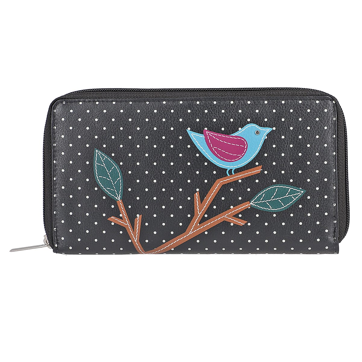 "UNION CODE -RFID Protected 100% Genuine Leather Applique Women's Wallet  THEME: Bird Sitting on Tree SIZE: 7.5(L)x4.5(W)x0.5(H) inches COLOR: black" image number 0