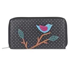 Union Code Black Color Bird Sitting on Tree Pattern RFID Protected 100% Genuine Leather Applique Women's Wallet