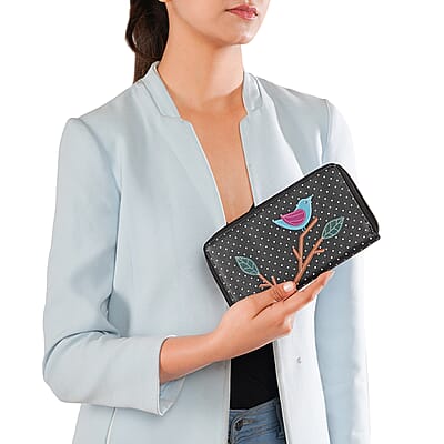Union Code Black Color Bird Sitting on Tree Pattern RFID Protected 100% Genuine Leather Applique Women's Wallet