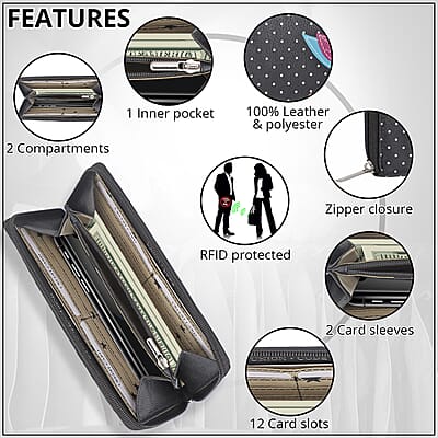 Union Code Black Color Bird Sitting on Tree Pattern RFID Protected 100% Genuine Leather Applique Women's Wallet