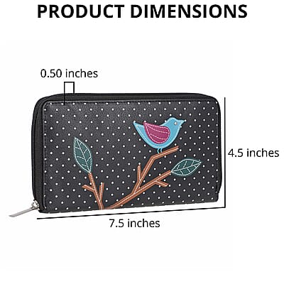 Union Code Black Color Bird Sitting on Tree Pattern RFID Protected 100% Genuine Leather Applique Women's Wallet