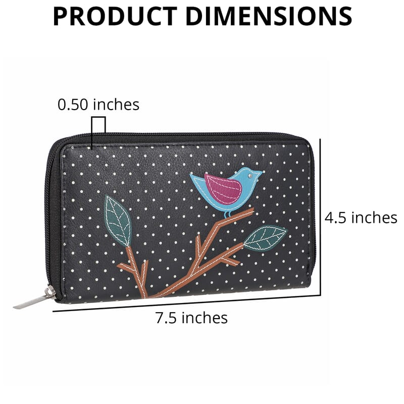 Union Code Black Color Bird Sitting on Tree Pattern RFID Protected 100% Genuine Leather Applique Women's Wallet
