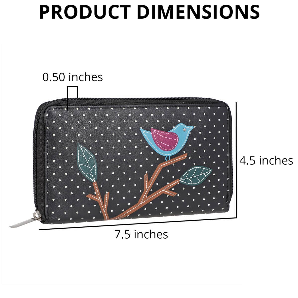"UNION CODE -RFID Protected 100% Genuine Leather Applique Women's Wallet  THEME: Bird Sitting on Tree SIZE: 7.5(L)x4.5(W)x0.5(H) inches COLOR: black" image number 3