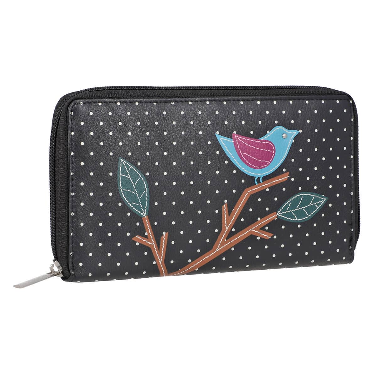 "UNION CODE -RFID Protected 100% Genuine Leather Applique Women's Wallet  THEME: Bird Sitting on Tree SIZE: 7.5(L)x4.5(W)x0.5(H) inches COLOR: black" image number 6