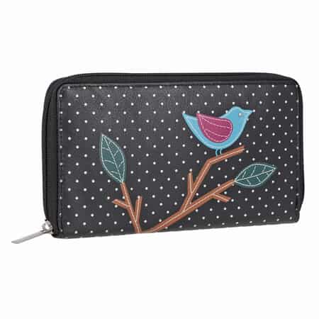 Union Code Black Color Bird Sitting on Tree Pattern RFID Protected 100% Genuine Leather Applique Women's Wallet image number 6