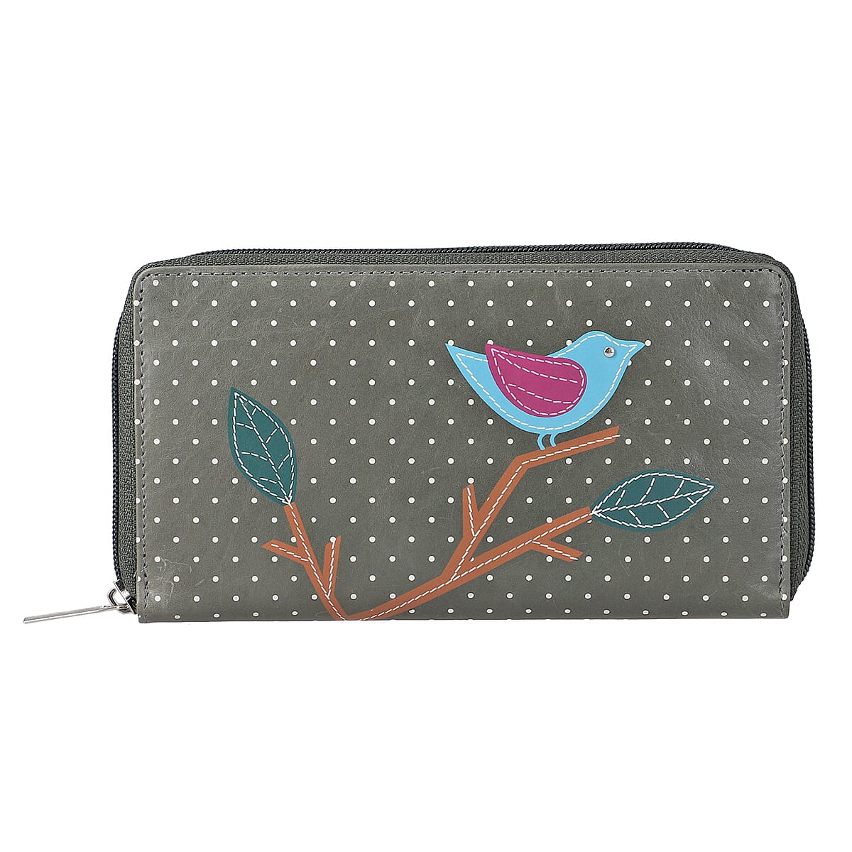 Union Code Petrol Blue Color Bird Sitting on Tree Pattern RFID Protected 100% Genuine Leather Applique Women's Wallet image number 0