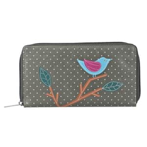 Union Code Petrol Blue Color Bird Sitting on Tree Pattern RFID Protected 100% Genuine Leather Applique Women's Wallet