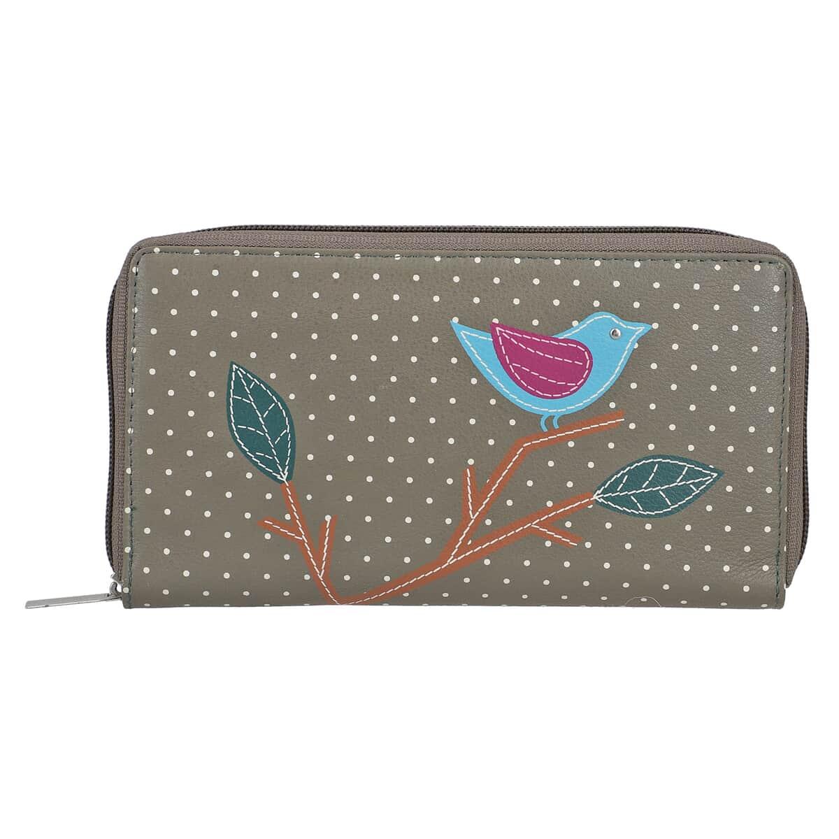 Union Code Gray Color Bird Sitting on Tree Pattern RFID Protected 100% Genuine Leather Applique Women's Wallet image number 0