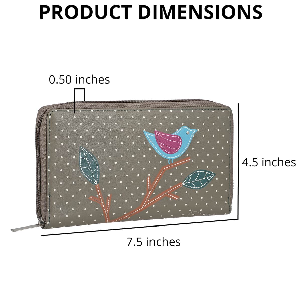Union Code Gray Color Bird Sitting on Tree Pattern RFID Protected 100% Genuine Leather Applique Women's Wallet image number 3