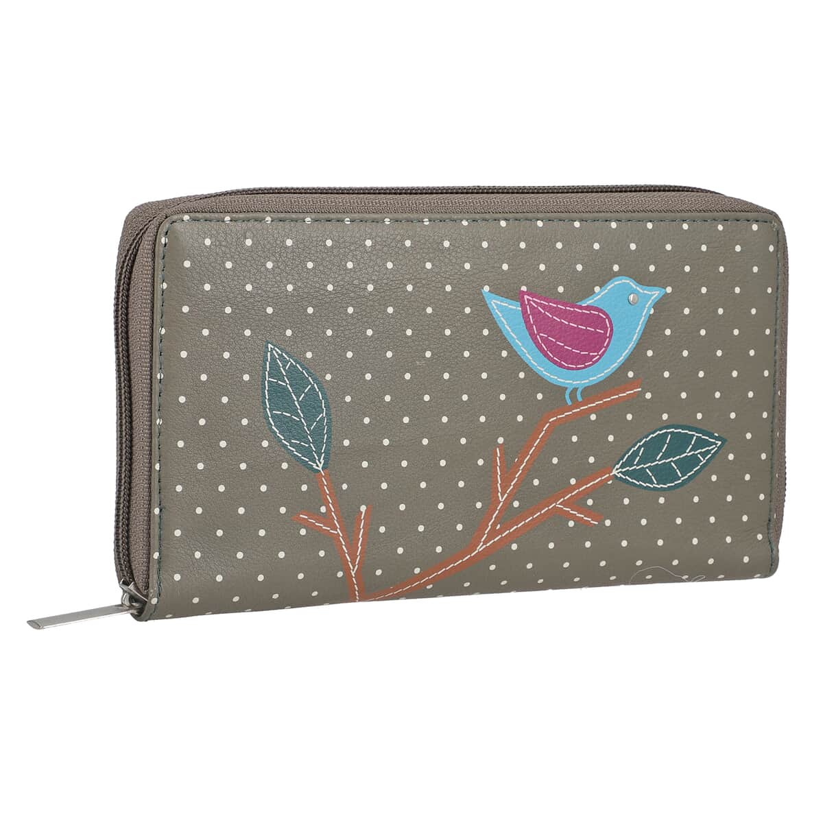Union Code Gray Color Bird Sitting on Tree Pattern RFID Protected 100% Genuine Leather Applique Women's Wallet image number 6