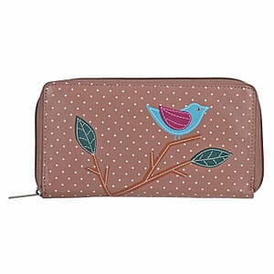 Union Code Purple Color Bird Sitting on Tree Pattern RFID Protected 100% Genuine Leather Applique Women's Wallet