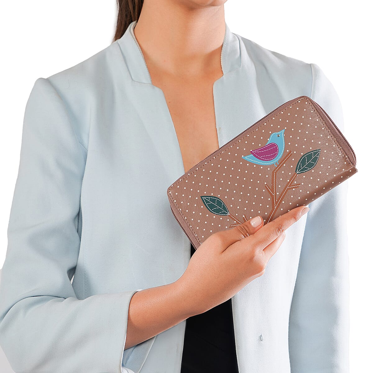 Union Code Purple Color Bird Sitting on Tree Pattern RFID Protected 100% Genuine Leather Applique Women's Wallet image number 1