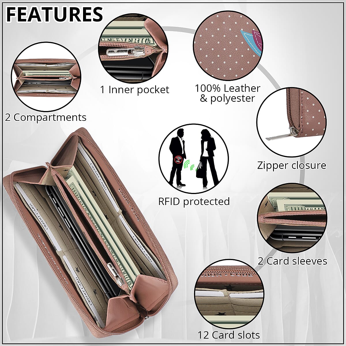 Union Code Purple Color Bird Sitting on Tree Pattern RFID Protected 100% Genuine Leather Applique Women's Wallet image number 2