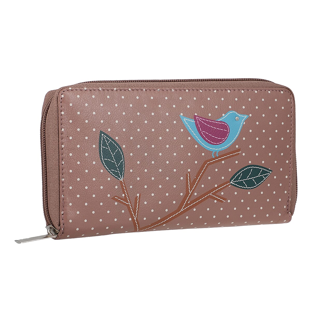 Union Code Purple Color Bird Sitting on Tree Pattern RFID Protected 100% Genuine Leather Applique Women's Wallet image number 6