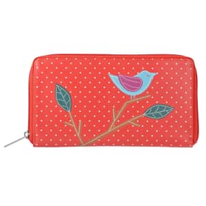 Union Code Red Color Bird Sitting on Tree Pattern RFID Protected 100% Genuine Leather Applique Women's Wallet