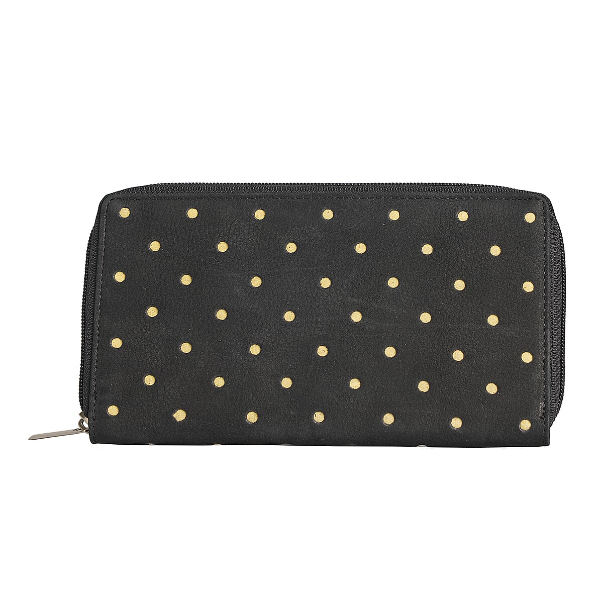 "UNION CODE -RFID Protected 100% Genuine Leather Women's Wallet THEME: Polka Dots Print SIZE: 7.5(L)x4.5(W)x0.5(H) inches COLOR: Black" image number 0