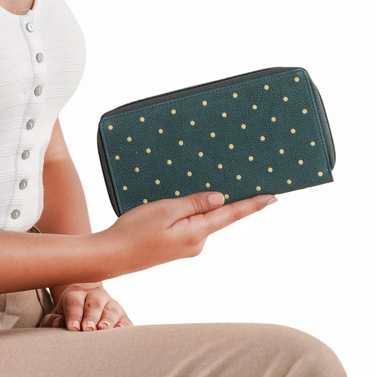 Union Code Petrol Blue Polka Dots Print Genuine Leather RFID Women's Wallet image number 1