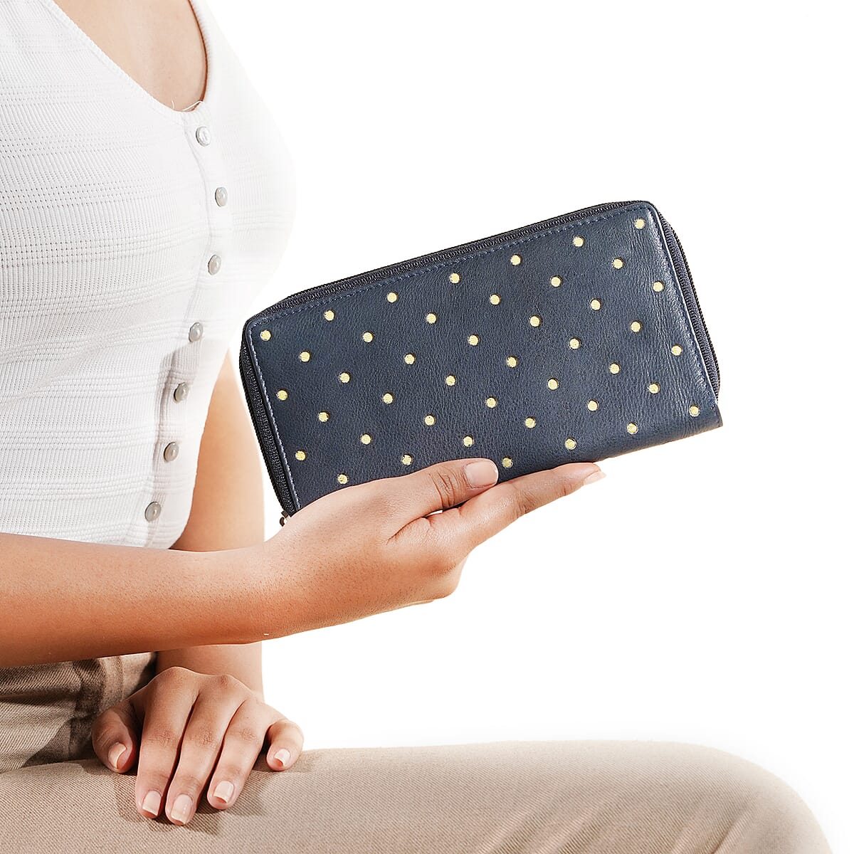 Union Code Navy Polka Dots Print Genuine Leather RFID Women's Wallet image number 1