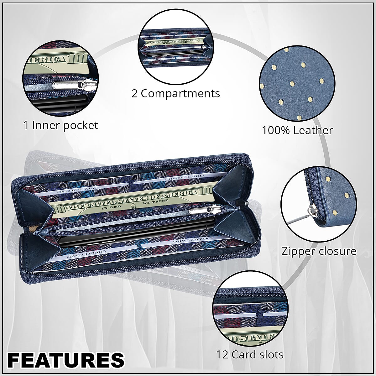 Union Code Navy Polka Dots Print Genuine Leather RFID Women's Wallet image number 3