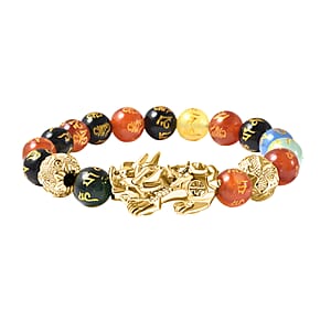 Feng Shui Pixiu Charm Multi Agate And Black Obsidian Carved Beads Stretch Bracelet in Goldtone, Stretchable Bracelet, Good Luck Birthday Gift 144.50 ctw