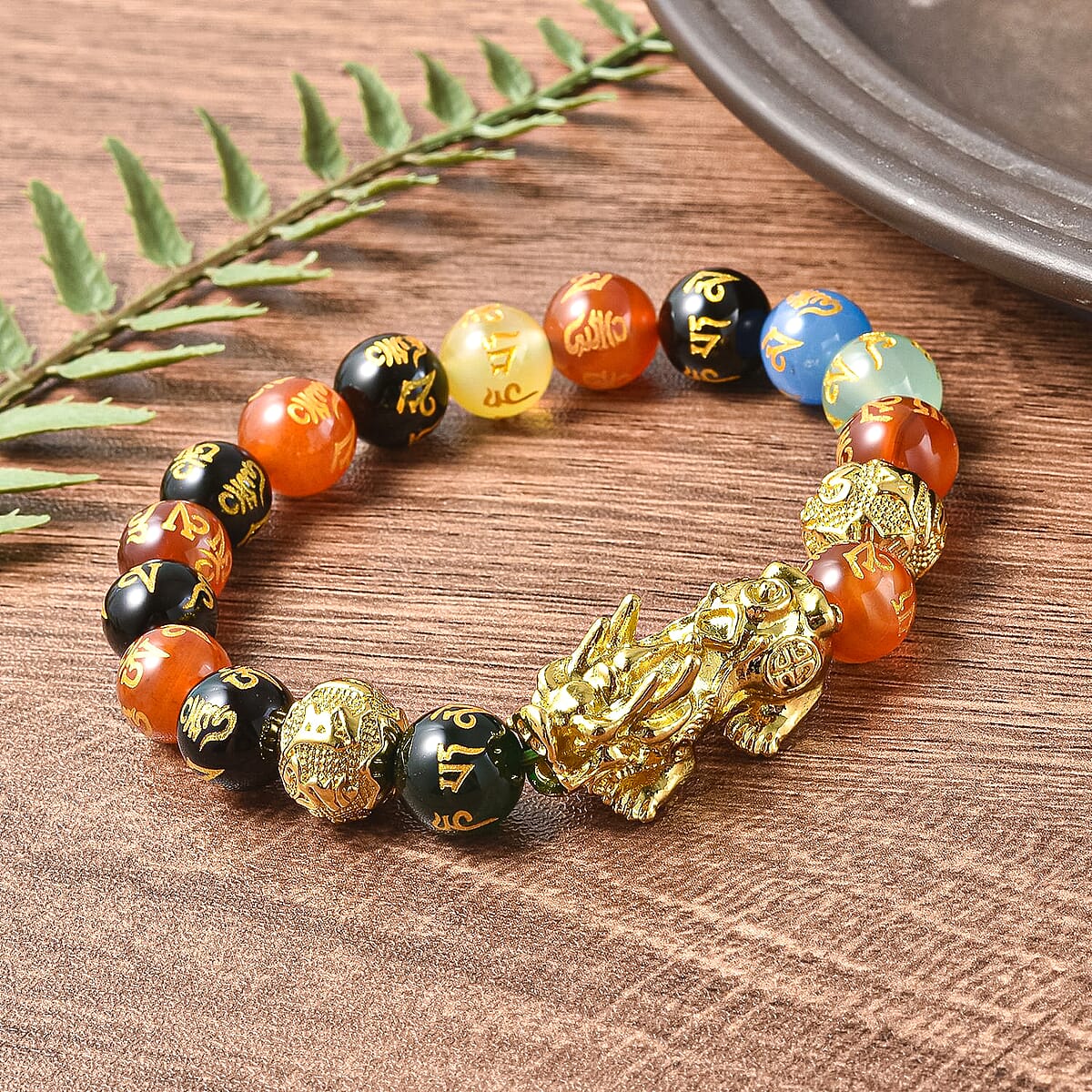 Feng Shui Pixiu Charm Multi Agate And Black Obsidian Carved Beads Stretch Bracelet in Goldtone, Stretchable Bracelet, Good Luck Birthday Gift 144.50 ctw image number 1