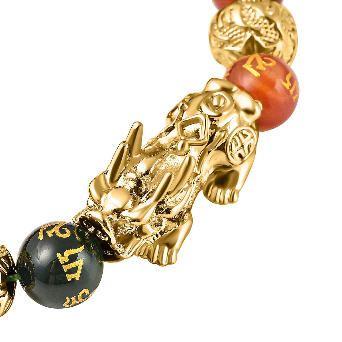 Feng Shui Pixiu Charm Multi Agate And Black Obsidian Carved Beads Stretch Bracelet in Goldtone, Stretchable Bracelet, Good Luck Birthday Gift 144.50 ctw image number 2