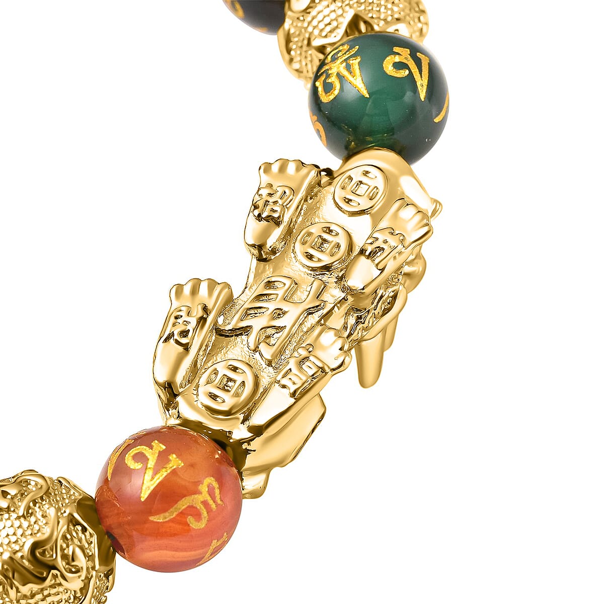 Feng Shui Pixiu Charm Multi Agate And Black Obsidian Carved Beads Stretch Bracelet in Goldtone, Stretchable Bracelet, Good Luck Birthday Gift 144.50 ctw image number 3