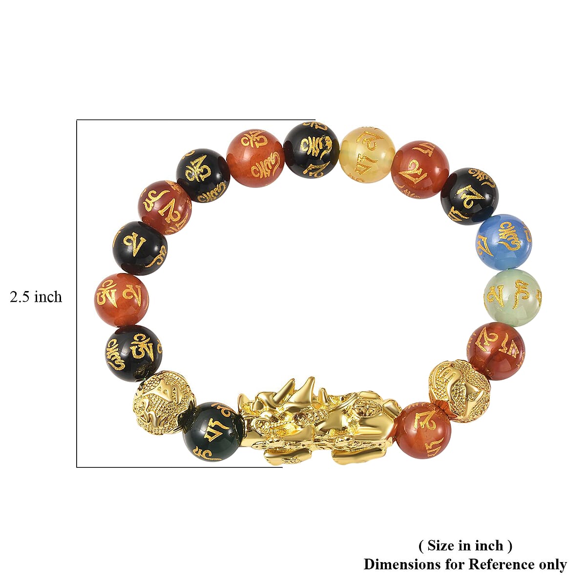 Feng Shui Pixiu Charm Multi Agate And Black Obsidian Carved Beads Stretch Bracelet in Goldtone, Stretchable Bracelet, Good Luck Birthday Gift 144.50 ctw image number 4