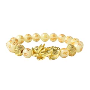 Feng Shui Pixiu Charm Luminous Carved Beads Stretch Bracelet in Goldtone, Stretchable Bracelet, Good Luck Birthday Gift 133.00 ctw