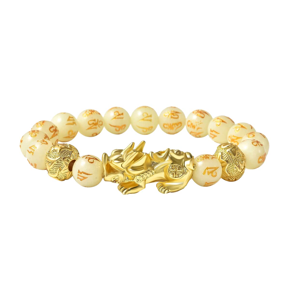 Feng Shui Pixiu Charm Luminous Carved Beads Stretch Bracelet in Goldtone, Stretchable Bracelet, Good Luck Birthday Gift 133.00 ctw image number 0