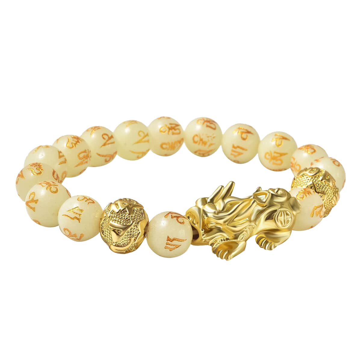 Feng Shui Pixiu Charm Luminous Carved Beads Stretch Bracelet in Goldtone, Stretchable Bracelet, Good Luck Birthday Gift 133.00 ctw image number 2