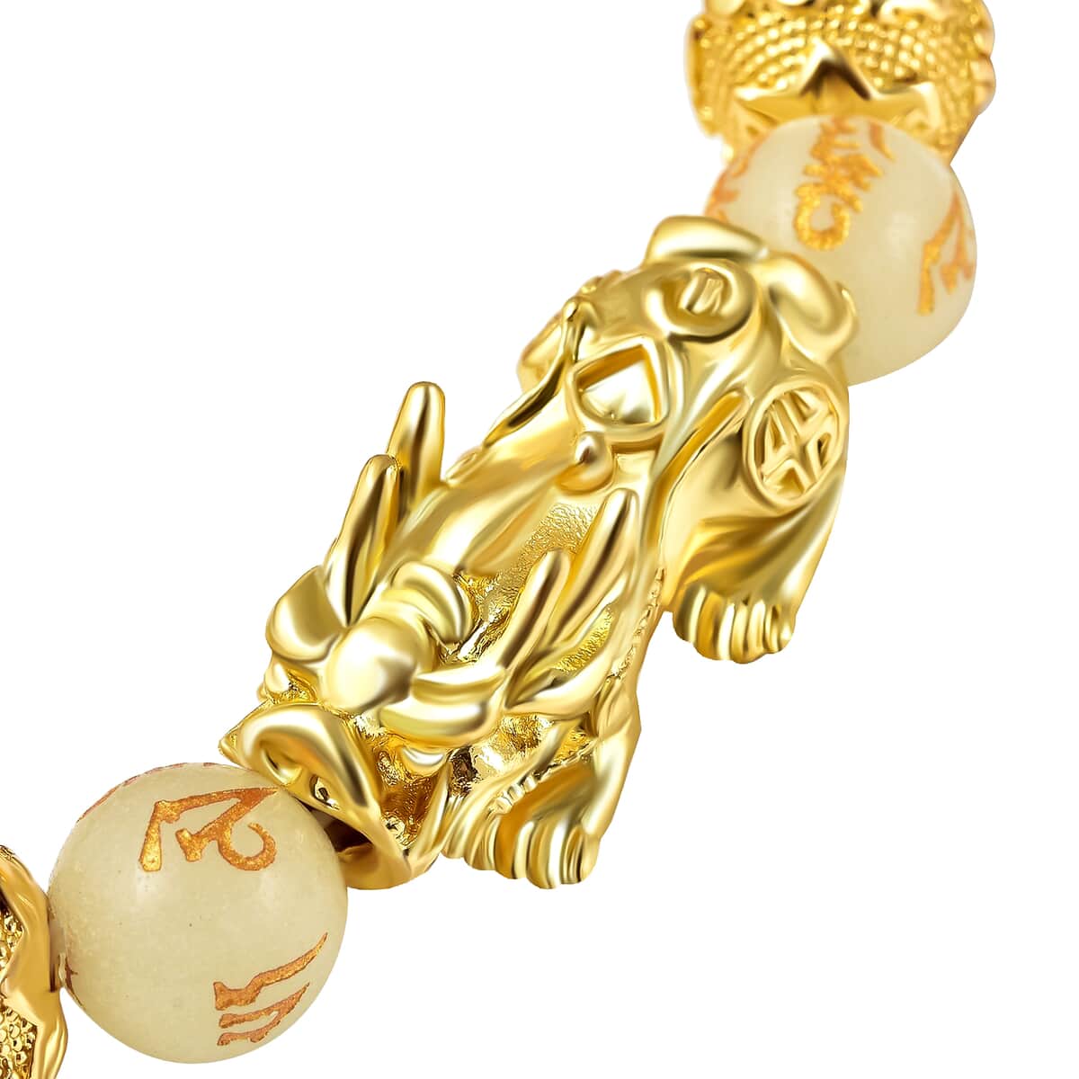 Feng Shui Pixiu Charm Luminous Carved Beads Stretch Bracelet in Goldtone, Stretchable Bracelet, Good Luck Birthday Gift 133.00 ctw image number 3