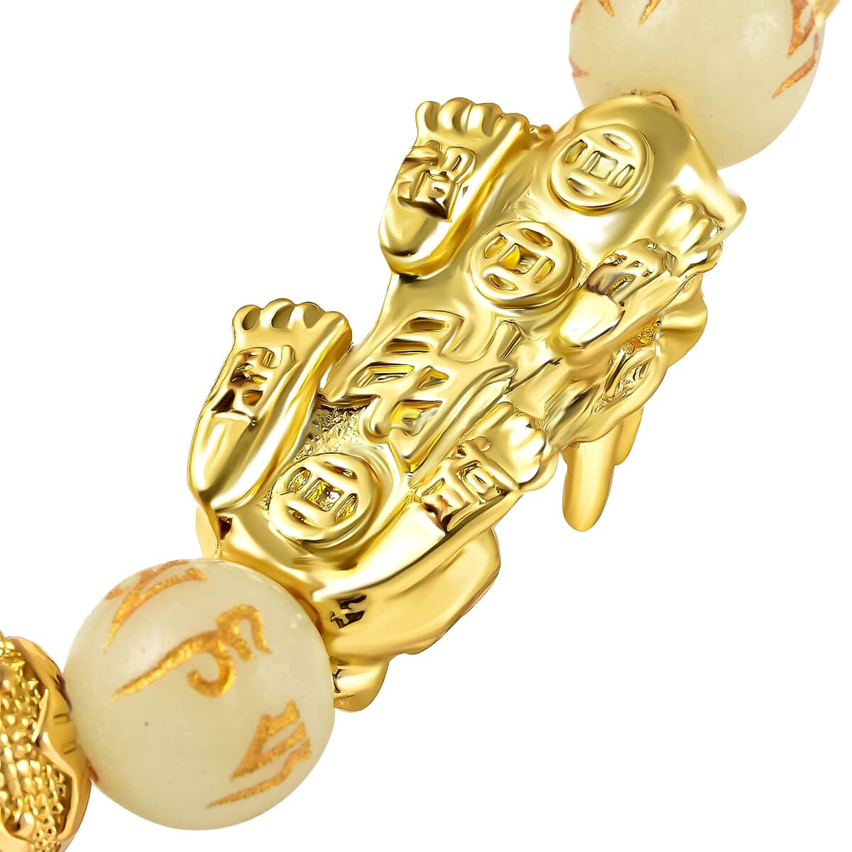 Feng Shui Pixiu Charm Luminous Carved Beads Stretch Bracelet in Goldtone, Stretchable Bracelet, Good Luck Birthday Gift 133.00 ctw image number 4