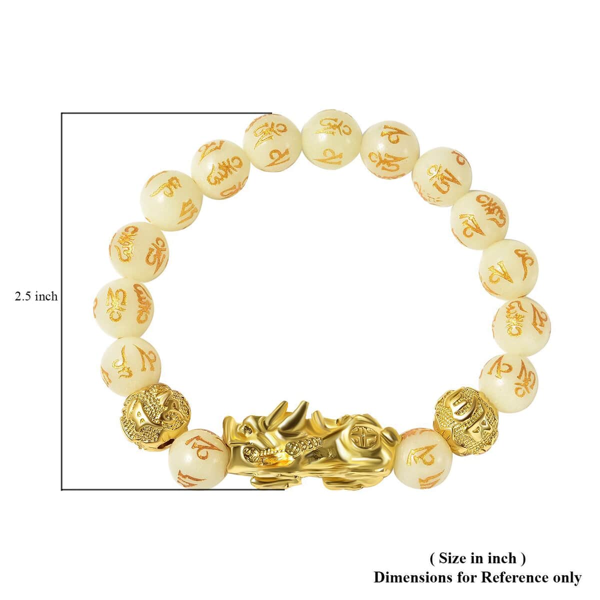 Feng Shui Pixiu Charm Luminous Carved Beads Stretch Bracelet in Goldtone, Stretchable Bracelet, Good Luck Birthday Gift 133.00 ctw image number 5