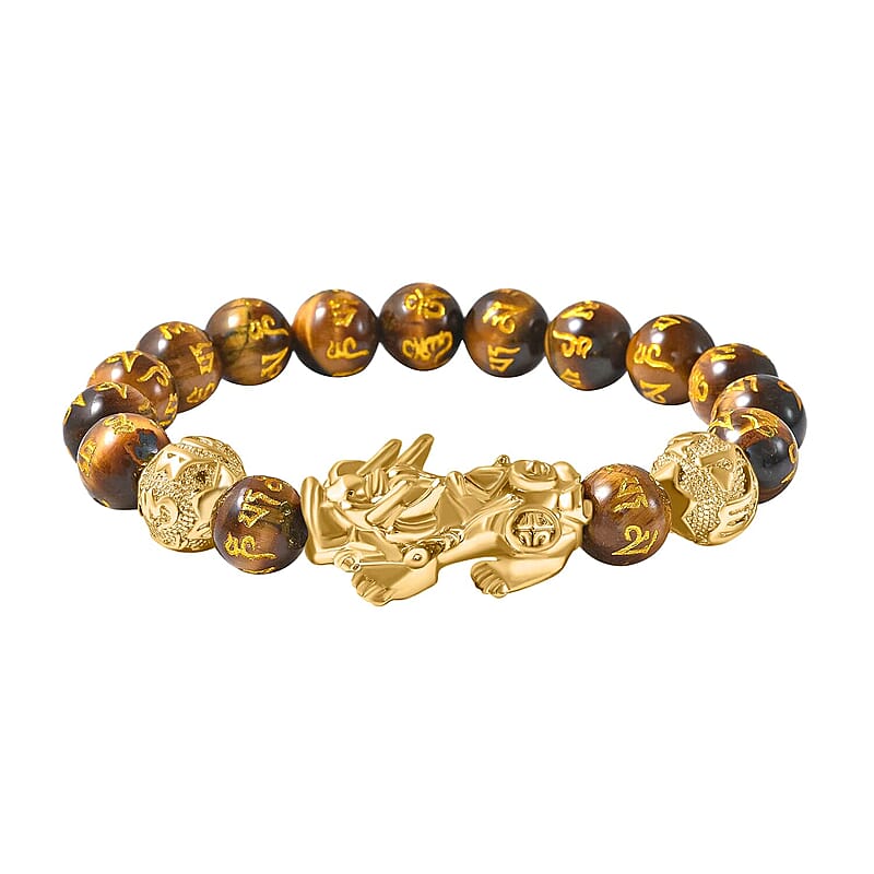 Feng Shui Pixiu Charm Yellow Tiger's Eye Carved Beads Stretch Bracelet in Goldtone, Stretchable Bracelet, Good Luck Birthday Gift 112.50 ctw