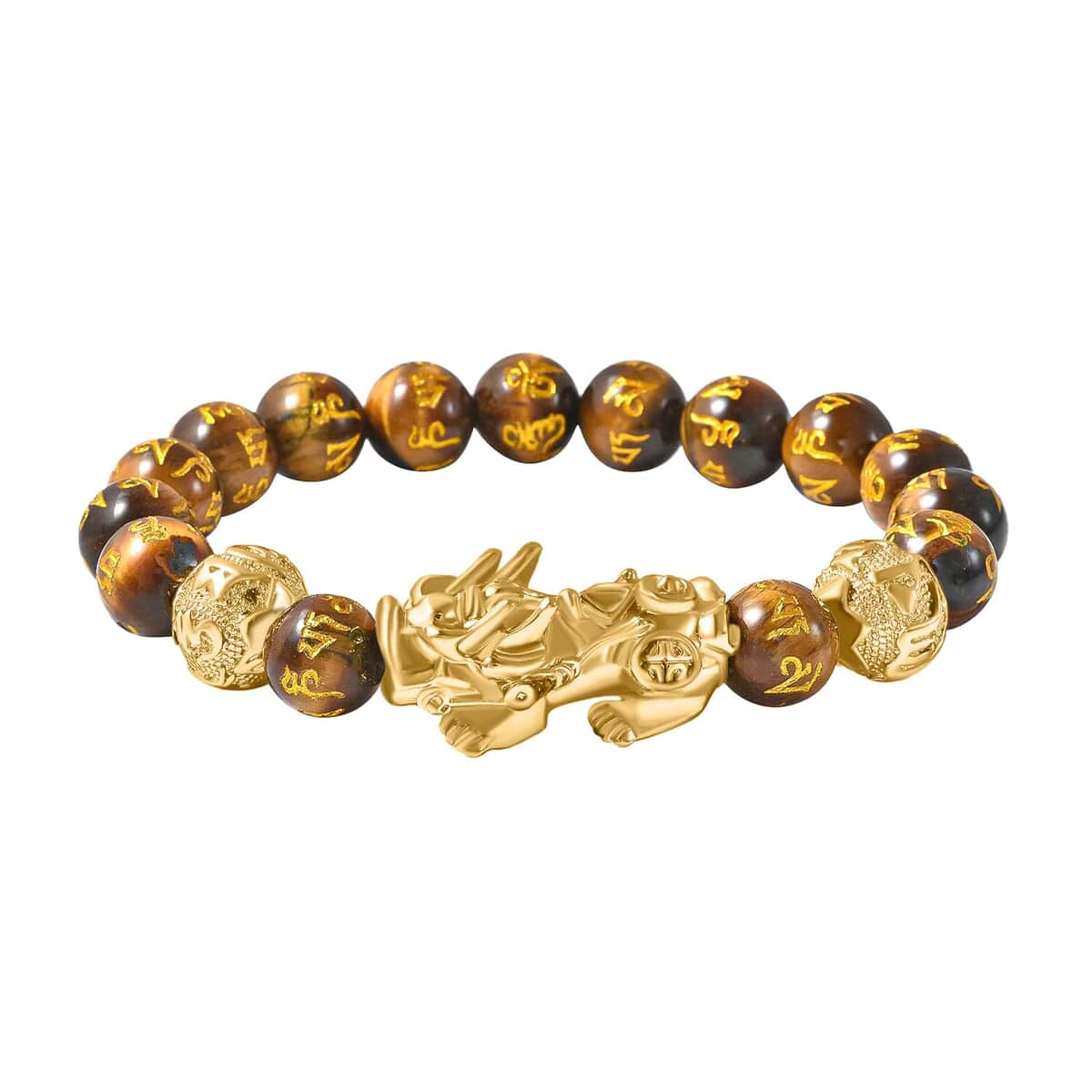 Feng Shui Pixiu Charm Yellow Tiger's Eye Carved Beads Stretch Bracelet in Goldtone, Stretchable Bracelet, Good Luck Birthday Gift 112.50 ctw image number 0