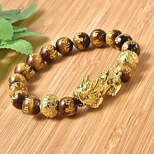 Feng Shui Pixiu Charm Yellow Tiger's Eye Carved Beads Stretch Bracelet in Goldtone, Stretchable Bracelet, Good Luck Birthday Gift 112.50 ctw