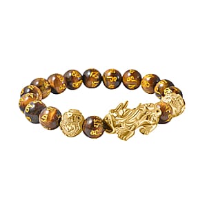 Feng Shui Pixiu Charm Yellow Tiger's Eye Carved Beads Stretch Bracelet in Goldtone, Stretchable Bracelet, Good Luck Birthday Gift 112.50 ctw