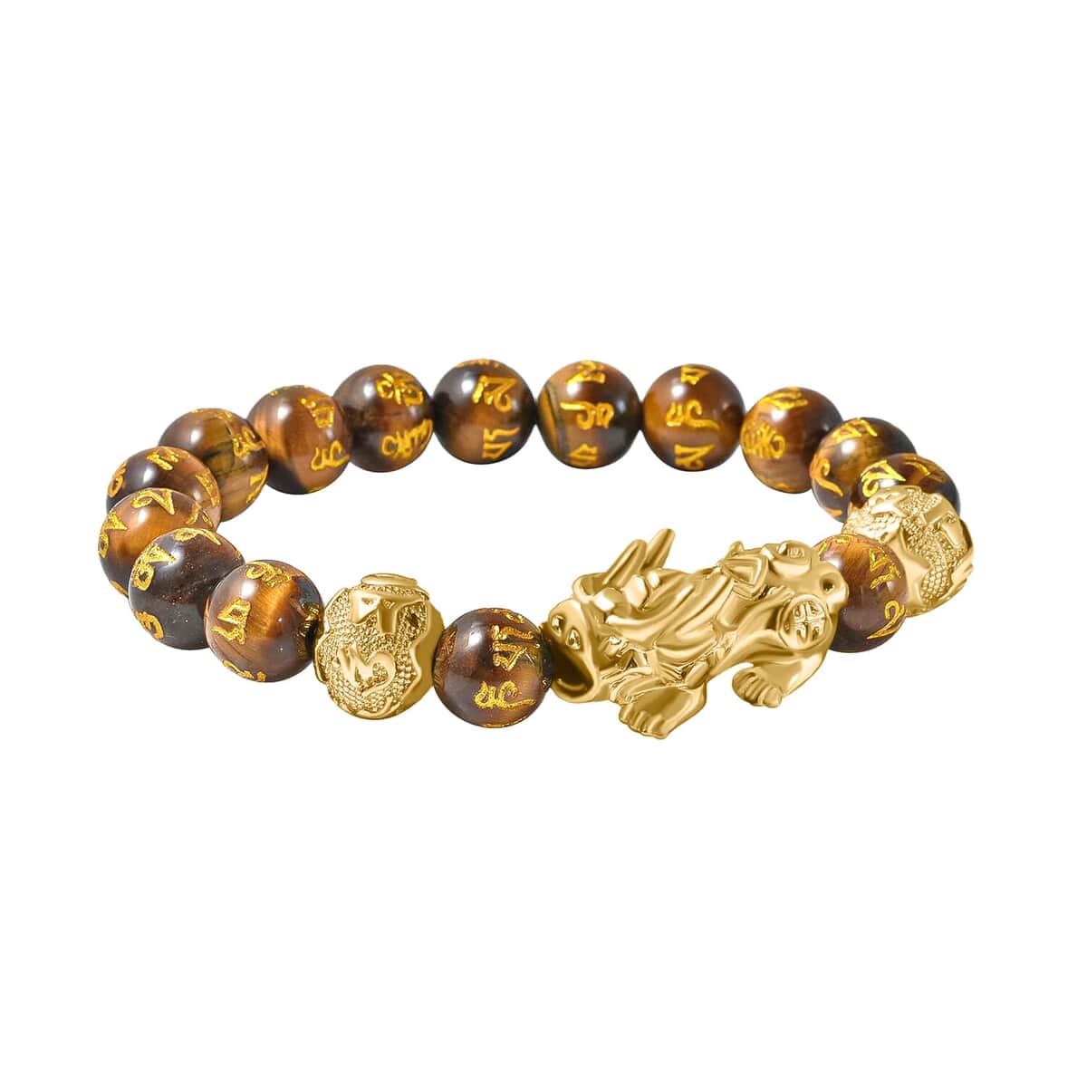 Feng Shui Pixiu Charm Yellow Tiger's Eye Carved Beads Stretch Bracelet in Goldtone, Stretchable Bracelet, Good Luck Birthday Gift 112.50 ctw image number 2