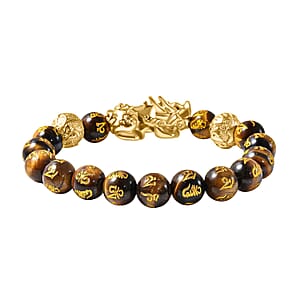Feng Shui Pixiu Charm Yellow Tiger's Eye Carved Beads Stretch Bracelet in Goldtone, Stretchable Bracelet, Good Luck Birthday Gift 112.50 ctw
