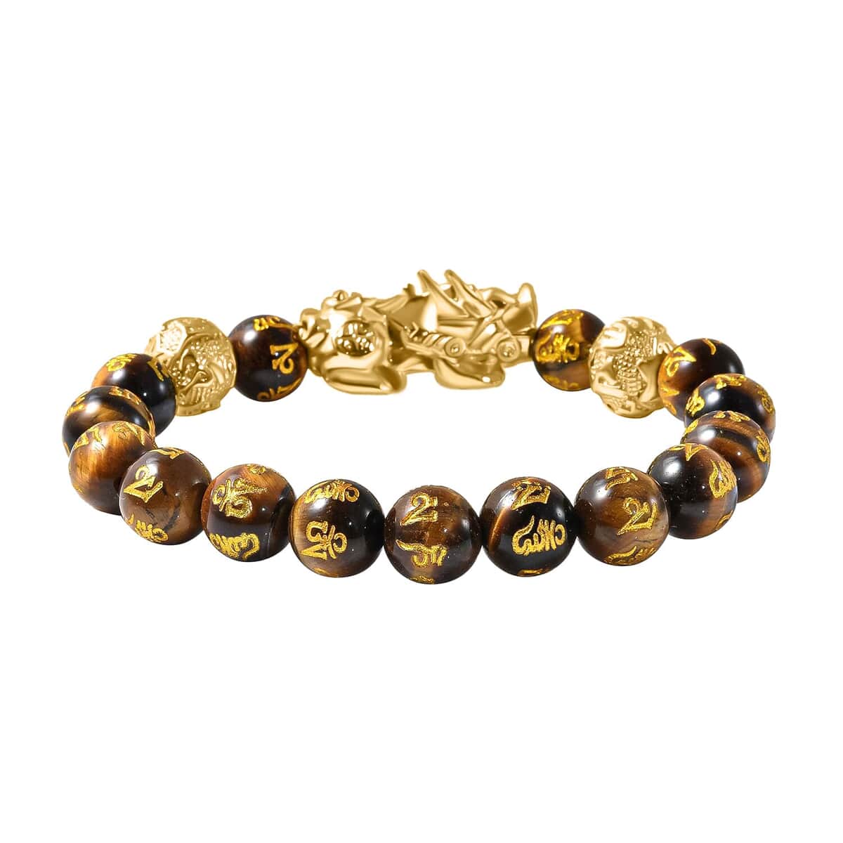 Feng Shui Pixiu Charm Yellow Tiger's Eye Carved Beads Stretch Bracelet in Goldtone, Stretchable Bracelet, Good Luck Birthday Gift 112.50 ctw image number 3