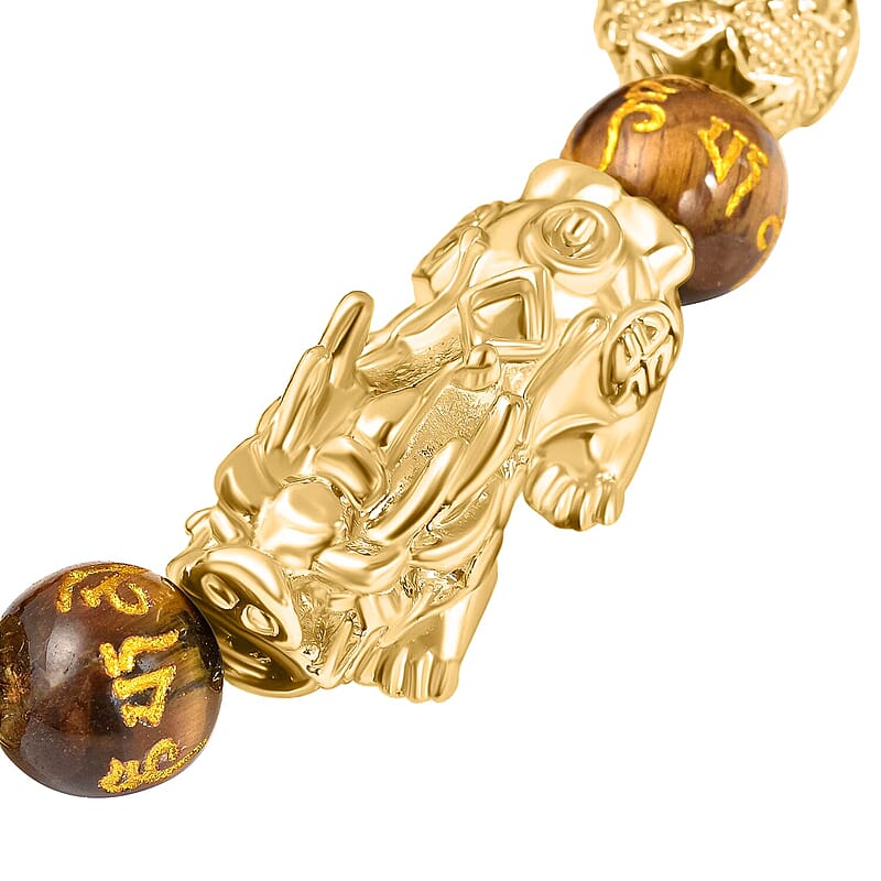 Feng Shui Pixiu Charm Yellow Tiger's Eye Carved Beads Stretch Bracelet in Goldtone, Stretchable Bracelet, Good Luck Birthday Gift 112.50 ctw