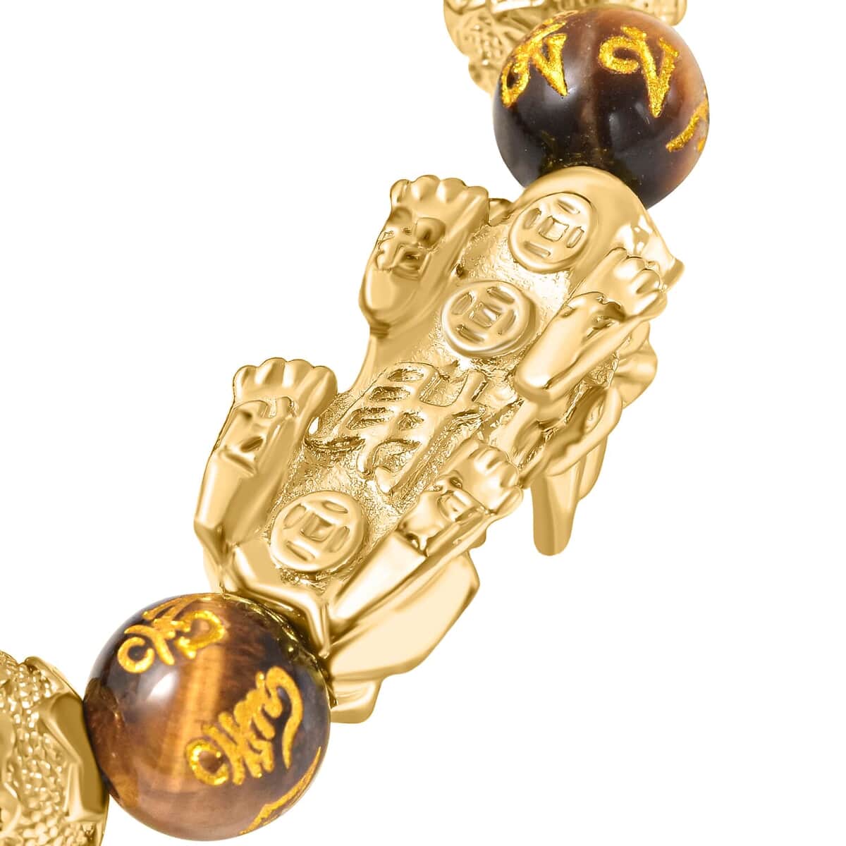 Feng Shui Pixiu Charm Yellow Tiger's Eye Carved Beads Stretch Bracelet in Goldtone, Stretchable Bracelet, Good Luck Birthday Gift 112.50 ctw image number 5