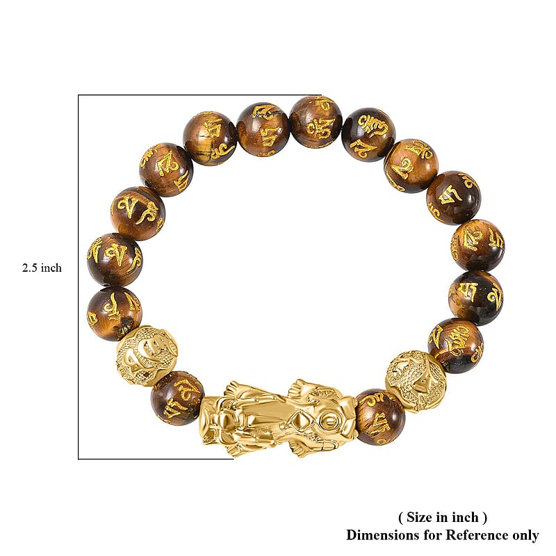 Feng Shui Pixiu Charm Yellow Tiger's Eye Carved Beads Stretch Bracelet in Goldtone, Stretchable Bracelet, Good Luck Birthday Gift 112.50 ctw